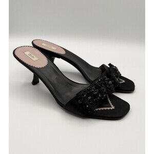 Prada Black Satin Kitten Heels w/ Beaded Rhinestone Bow Embellishment Sz EU 38